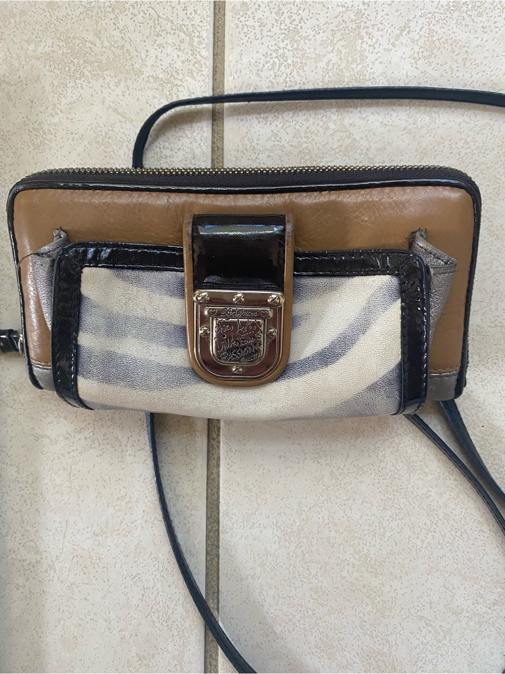 Brighton Tan, Cream and Black Crossbody Wallet with Gold-Tone Hardware
